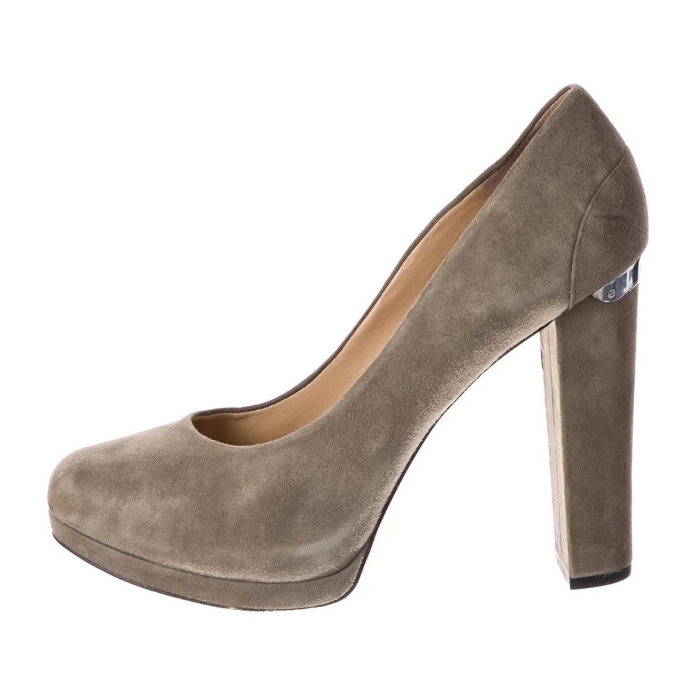 Michael Kors Haven Suede Slide on Round Toe Pump - Size 8 Women's in Tan/Silver